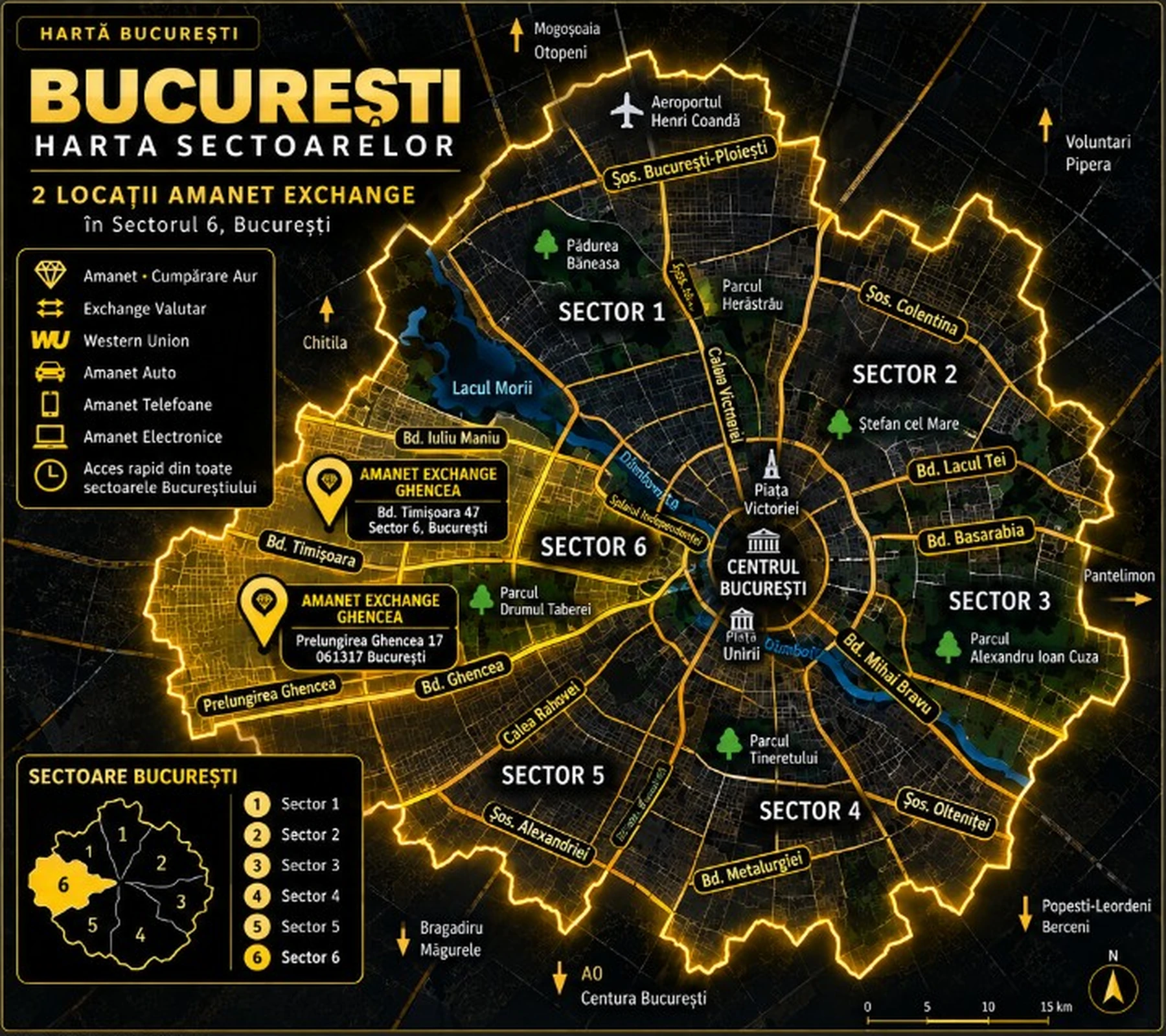 Hartă ilustrativă a Bucureștiului și a celor două puncte de lucru din Sectorul 6