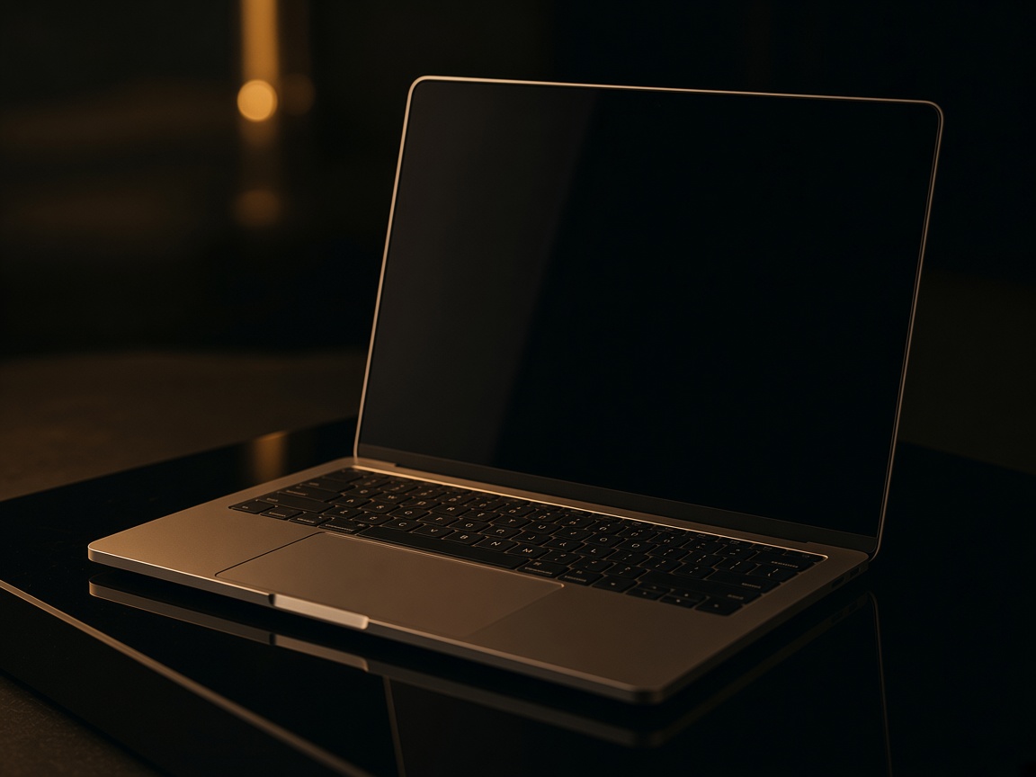 Laptop premium deschis, pe fundal negru cu lumină aurie